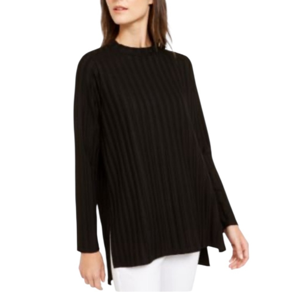 Eileen Fisher Ribbed Black Tunic Top Size Large